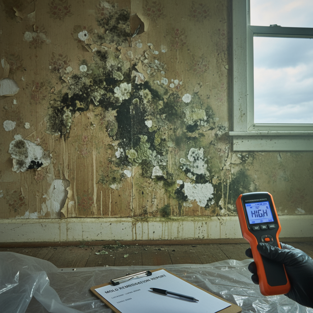 A house interior showing visible mold growth on the walls, highlighting the issue for remediation, realistic photo style.