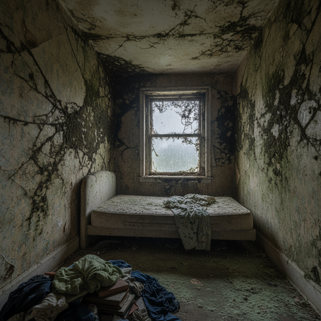 A photo of a bedroom with visible mold on the walls