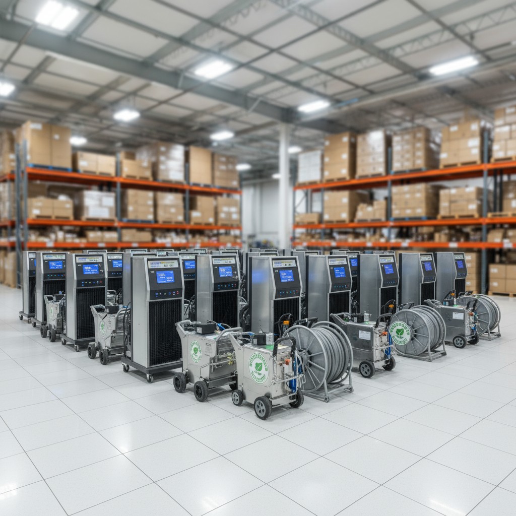 A large warehouse with rows of shelving stocked with cardboard boxes, featuring climate control units and a water hose ree...