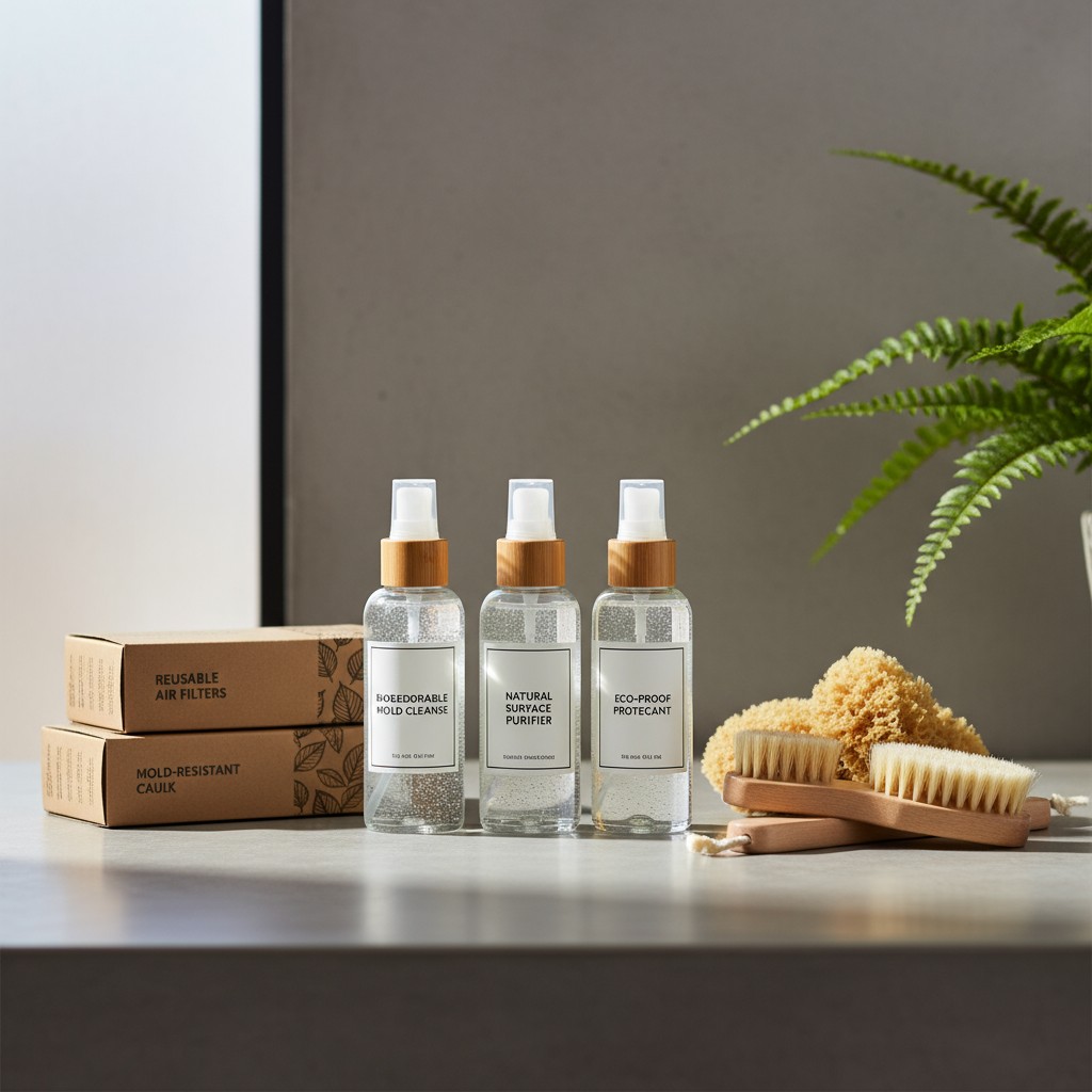 Air filters, Mold Cleanse, Natural Surface Purifier, Eco-Proof Protecant, Brushes, Sponge, and Fern next to bottles of che...