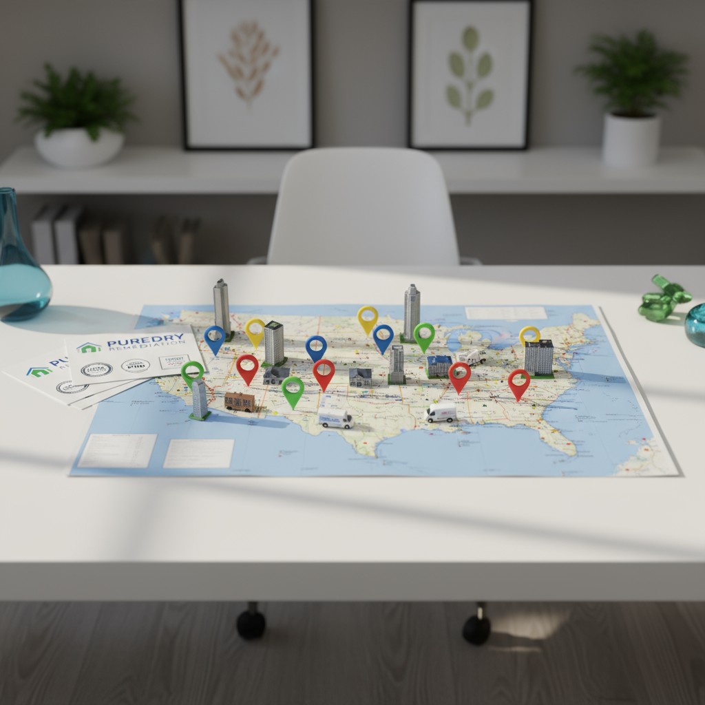 The image presents a map of the United States on a white table, adorned with pushpins indicating various locations. The pu...