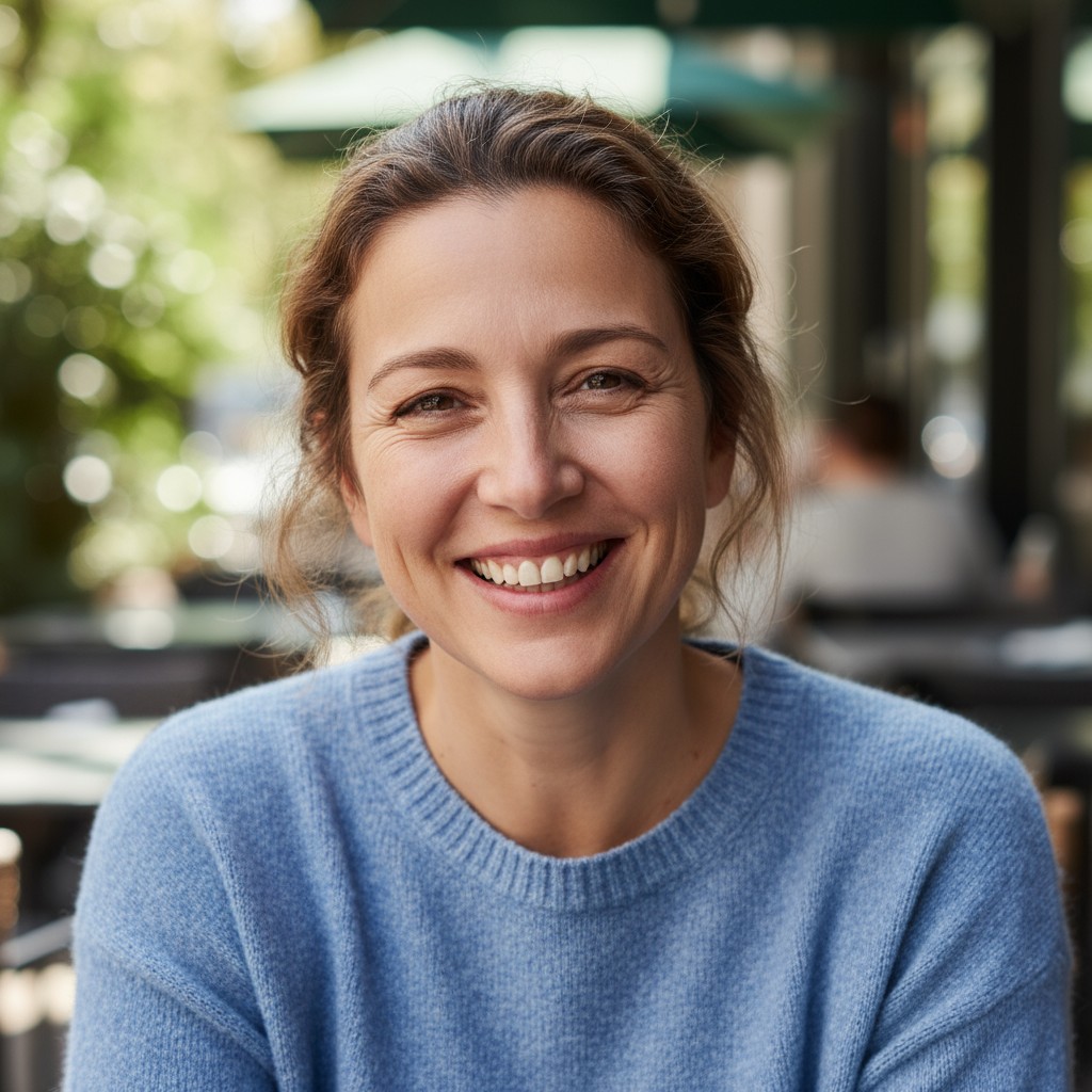 A woman's smiling face, with brown wavy hair and brown eyes, wearing a blue sweater, posing for a photograph. The backgrou...