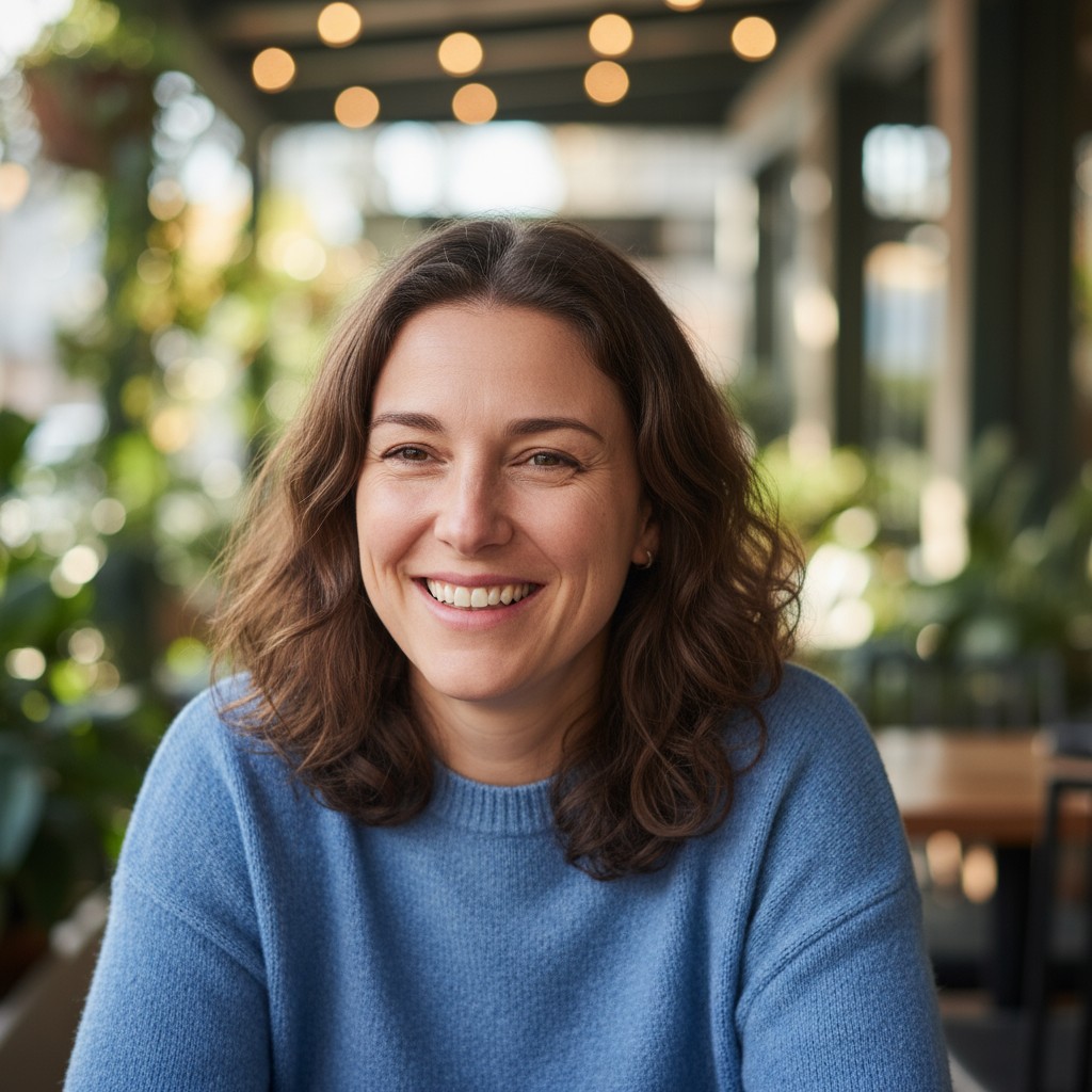 A portrait of a woman with long brown hair and a blue sweater is in front of a blurred background of a restaurant or cafe....